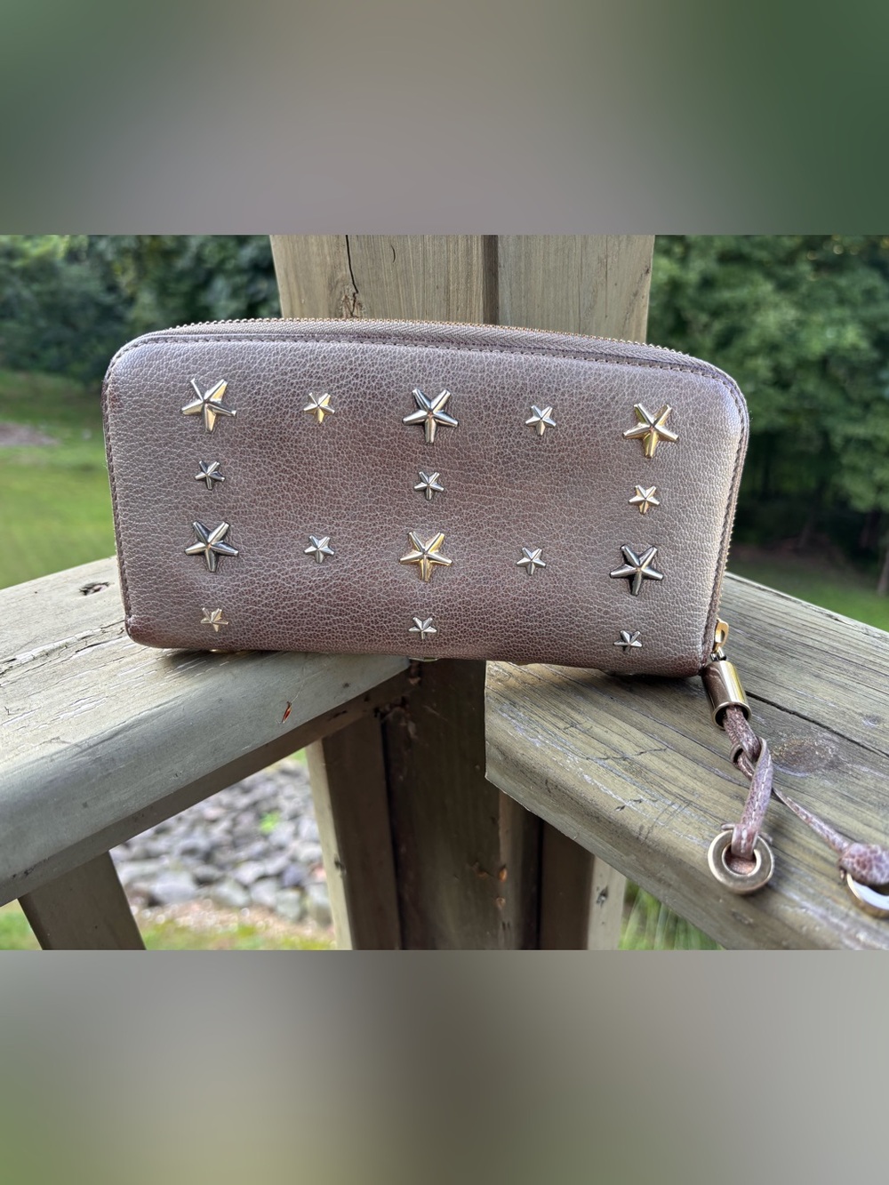 Authentic Jimmy Choo Metallic Taupe Star-Studded Zip Wallet ✨⭐️